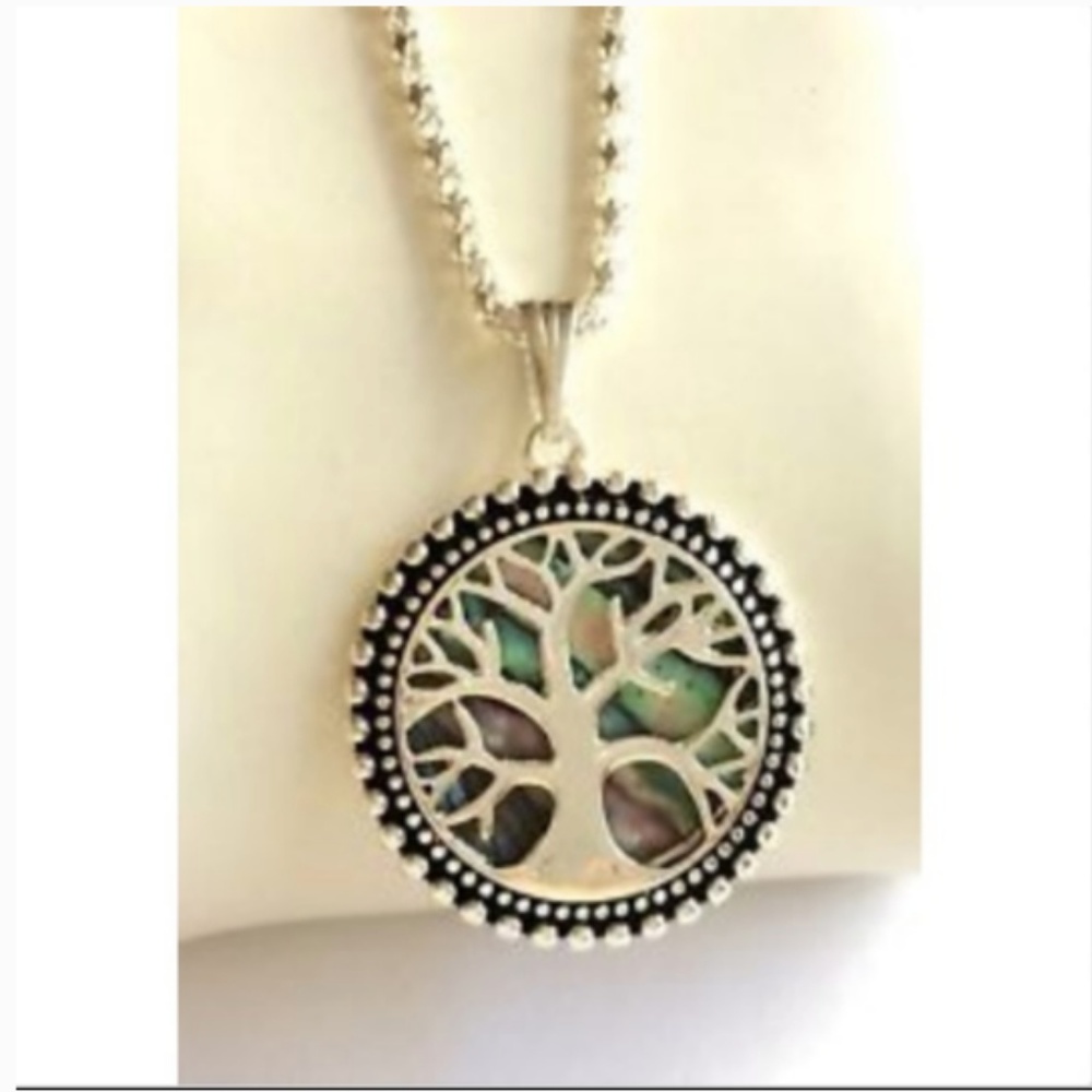 Silver Plated Tree of Life Necklace Celtic Abalone Shell 20" Serenity Irish